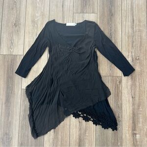 Johnny Was 4 Love and Liberty Chiffon Panel Lace Trim Black Tunic Top M
